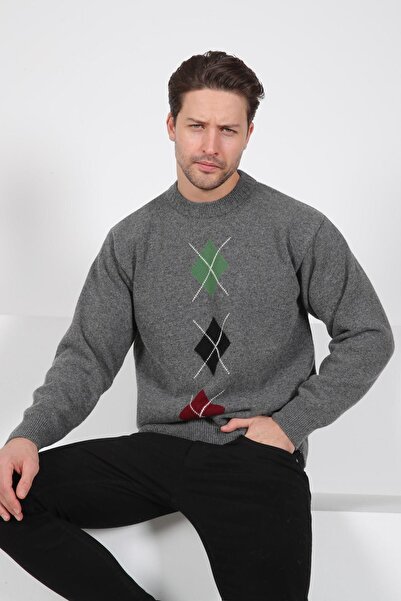 Ferraro Smoked/Green Crew Neck Green Black Patterned 100% Lamb Wool Men's Knitwear Sweater