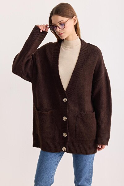 ipekton studio Buttoned Soft Textured Knitwear Cardigan Bitter Brown