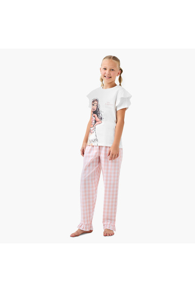 Disney تيشيرت مطبوع عليه صورة موانا وطقم بيجاما كاروهات