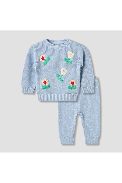 Juniors Round Neck Long Sleeves Pyjama Set with Floral Embroidery