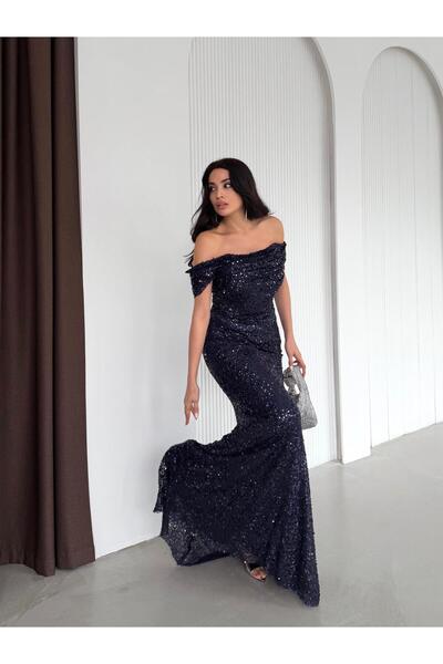 Serica Moda فستان سهرة مطرز بالترتر باللون الأزرق الداكن