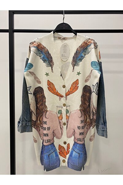 Hatun Atila Long Knit Cardigan with Denim Detail on the Sleeves - 1180