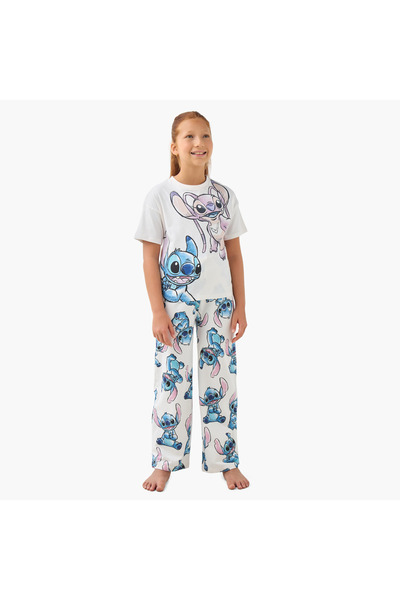Disney طقم بيجاما للبنات بطبعة ستيتش وأنجيل - قطن - أكمام قصيرة - ياقة دائرية