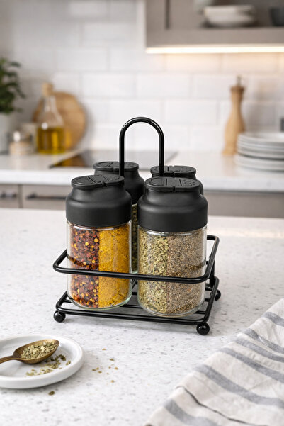 Wirewel Metal Stantlı Baharatlık, 4'lü Baharat Standlı Cam Şişe Seti