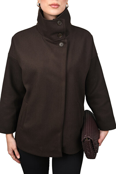 COJIKO Kadın Dik Yaka Düğmeli Kısa Kaban