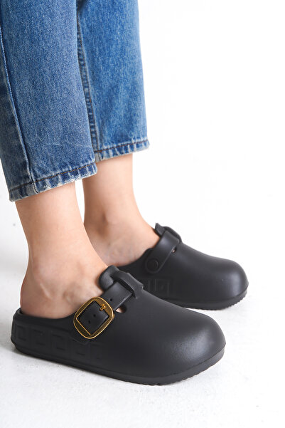 DELSOLERA Women's Black Closed-Front Stainless Buckle Non-Slip Sabo Home and Outdoor Orthopedic Slippers