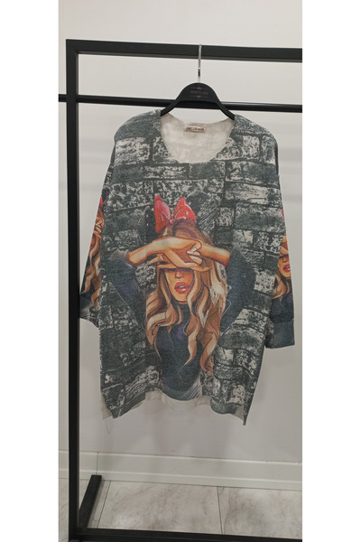 Hatun Atila Hatunatila Digital Printed Crew Neck Long Loose Sweater - 1339