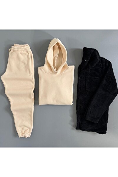 WENMİNG Men's Plush Jacket + 3 Thread Fleece-Lined K Hooded Tracksuit Set 3-Piece Combination