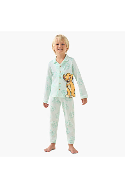 Disney Cotton Crew Neck Long Sleeves Pyjama Set with Simba Print