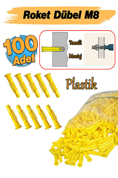 Badem10 ( 100 Adet ) Plastik Roket Dübel M8 Mantar Kanatlı Dübeller Vida Sabi...