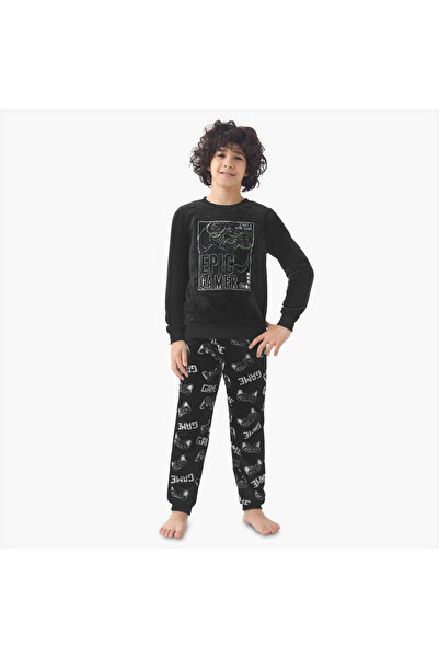 Juniors Boys Pyjama Set with Gamer Print - Polyester - Long Sleeves - Crew Neck