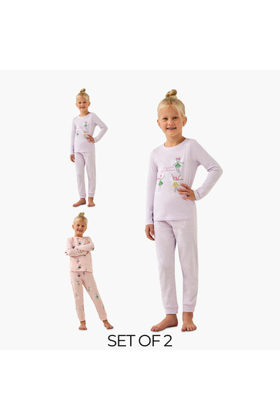Juniors Pack of 2 Cotton Crew Neck Long Sleeves Pyjama Set with Fairy Print