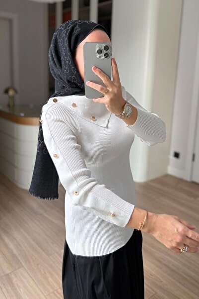 Ka Hijab Asymmetrical Collar Button Detailed Knitwear Blouse - White