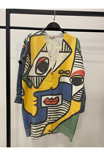 Hatun Atila Long Knit Cardigan with Denim Detail on the Sleeves - 1180