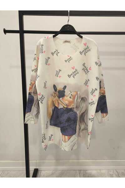 Hatun Atila Hatunatila Digital Printed Crew Neck Long Loose Sweater - 1339