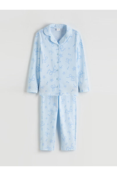 LC Waikiki Blue Shirt Collar Bow Patterned Girls' Pajama Set