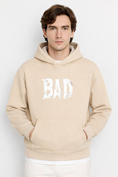 Rivox Men's Beige Hooded Oversized Sweatshirt Bad Printed