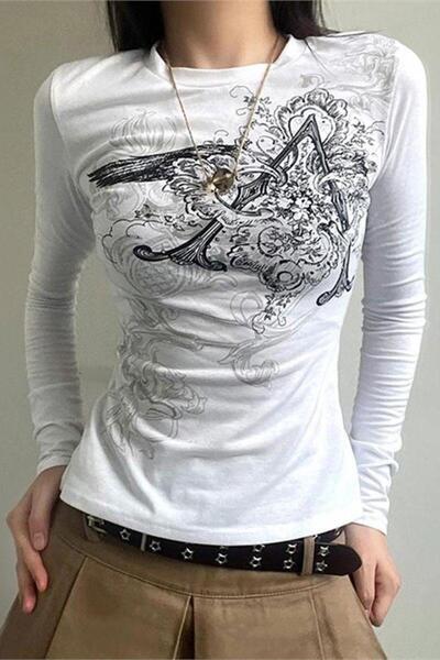 Karakedi White Vintage Punk Patterned Y2K Long Sleeve Crop