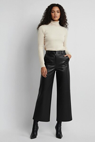 Deriderim Black Genuine Leather Wide Leg Women's Trousers