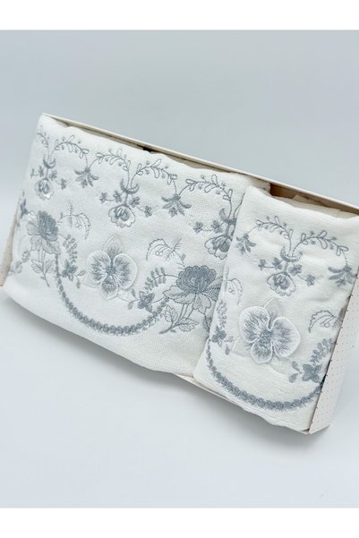 AYHANHOME 3D Floral Embroidered Gift Box Set: 1 Piece 50X90 Hand and Face Towel, 1 Piece 30X50 Kitchen Towel