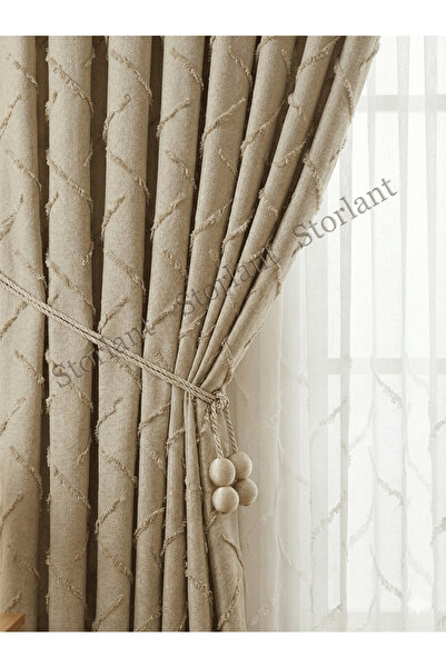 Storlant Puffy Linear Textured Beige Background Curtain L Frequent Pleats L Preferred - Product Frequent Pleats L Accessory Gift