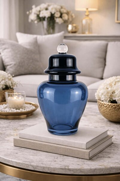 Jenisa Decorative Blue Glass Jar - Cube Sugar Bowl with Glass Lid