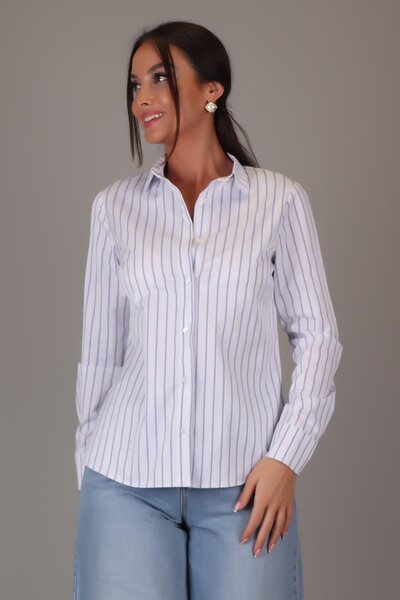SWEETNESS Women's Blue Striped Long Sleeve Stretch Fabric Cotton Classic Shirt Dk001-1