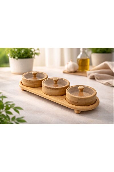 ALLEGRI Bambu 7 Parça Top ayaklı Stand Pleksi Cam Kapaklı 3 lü Yuvarlak Çerez...