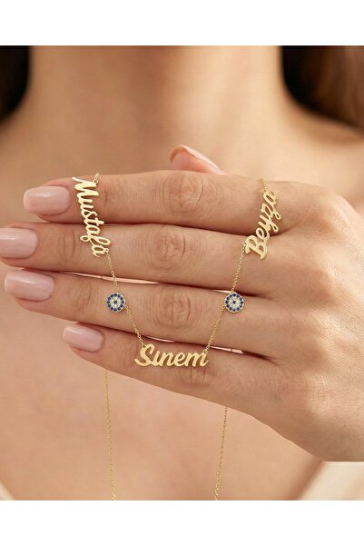 İNDİGO TAKI Nazarlı Üç İsimli 14 Ayar Altın Kolye