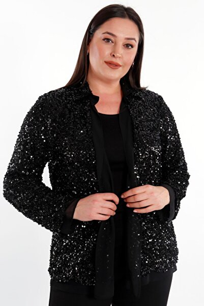Metpoint Trend42Plus Plus Size Sequined Chiffon Paneled Evening Dress Black Jacket