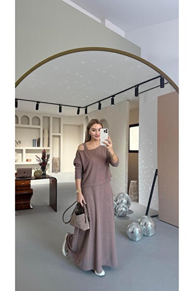 Sezgi Tekin Maxi Dress Boat Neck Blouse Soft Textured Coffee Set