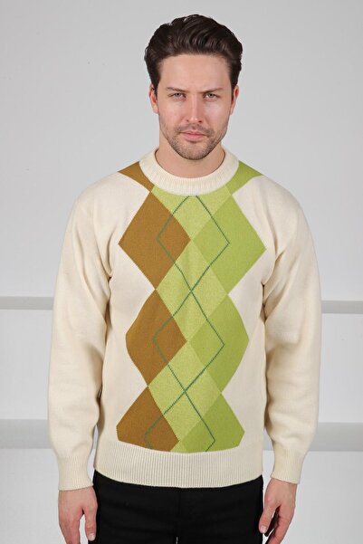 Ferraro Ecru/Green Crew Neck Geometric Patterned 100% Lamb Wool Men's Knitwear Sweater