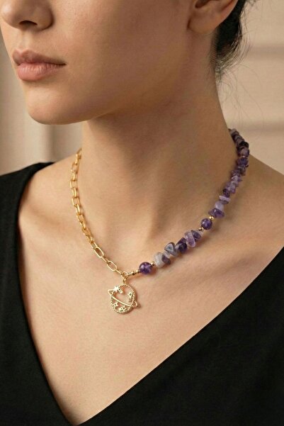 Pemila Design Purple Natural Stone Saturn Figured Chain Necklace - Stylish De...