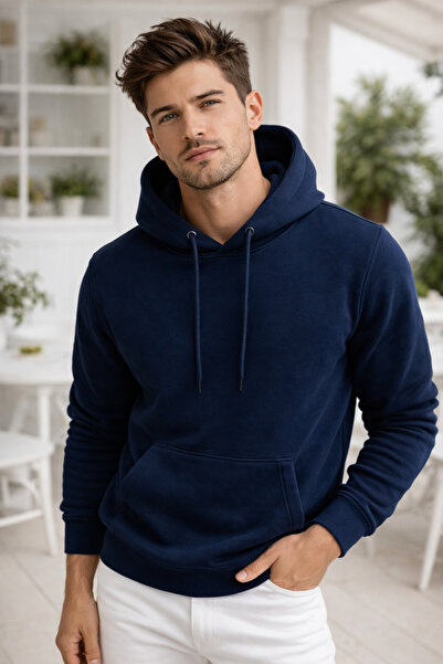 Rich Men's Navy Blue Cotton Kangaroo Pocket Hooded Sweatshirt