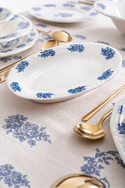 RUBİ PORSELEN Vintage Flowers Blue 2-Piece Boat Plate 21 cm – Floral Patterned Porcelain Presentation Plate