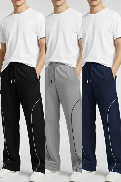 INFLUYENTE Men's Baggy Piped Detail Elastic Waist Comfortable Fit Wide Leg Transitional Sweatpants