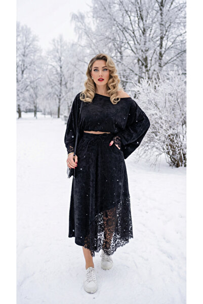 Matcha Butik Women's Velvet Boho Skirt & Blouse Set Black