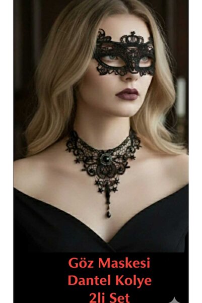 ModaRESSO 2'li Siyah Dantel Vintage Gotik Kolye & Siyah Dantel Yüz Göz Maske ...