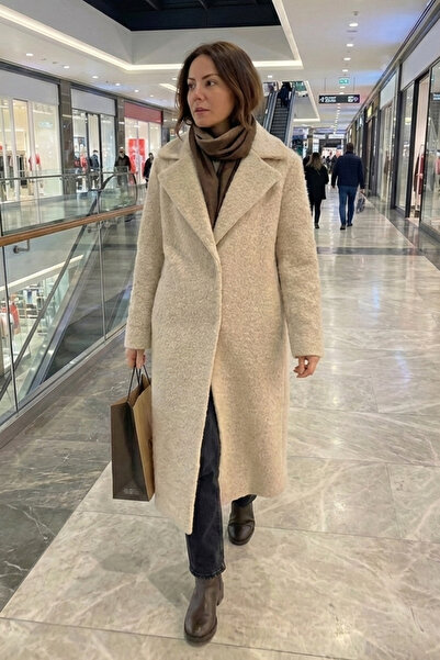 Robin D99823 Buklet Kaşe Kumaş Tek Düğme Kadın Uzun Kaban