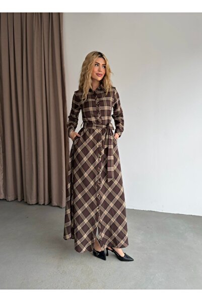 aytenli Plaid Shirt Collar Front Buttoned Waist Belted Side Pocket Top Regular Bottom Flared Maxi Length Prenium Dress