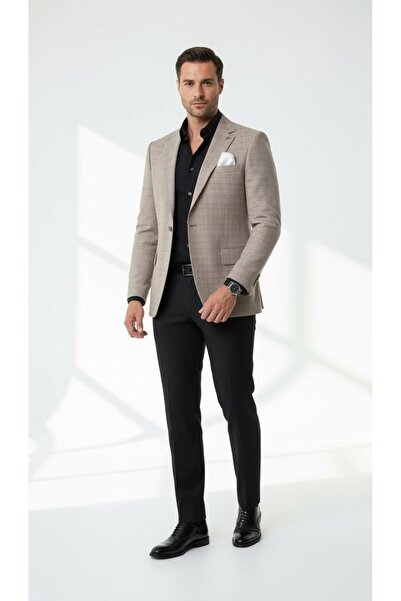 Plus Scorpion Men's Linen Plaid Blazer Jacket Mono Collar Single Button Double Slit