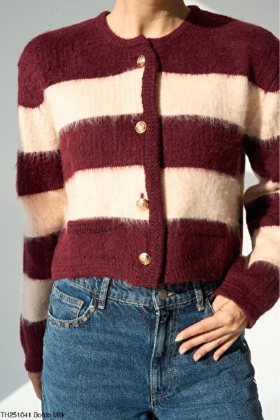 cemo Yatay Çizgili Gold Düğmeli Triko Hırka