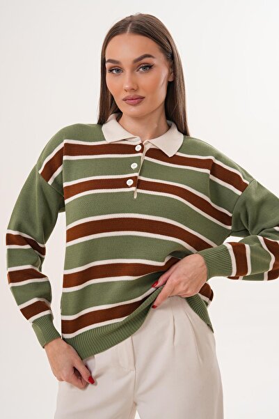 ŞİMAL Women's Polo Neck Stripe Detailed Knitwear Knitted Sweater 255446 -