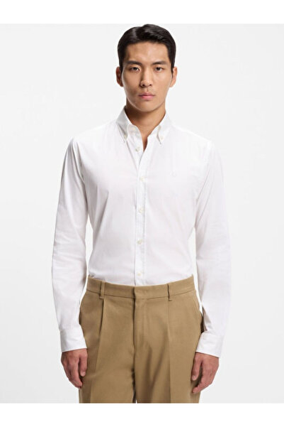 BOSS قميص رجالي أبيض بأكمام طويلة من القطن بشعار مطبوع 50556076-100