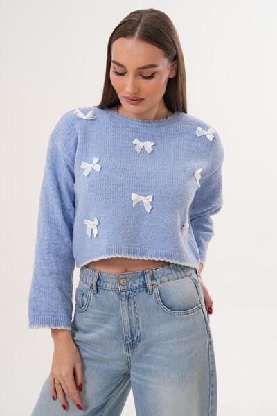 ŞİMAL Tricotaj cu detaliu cu fundă pentru femei din material subțire Pulover scurt și lejer 255457 -