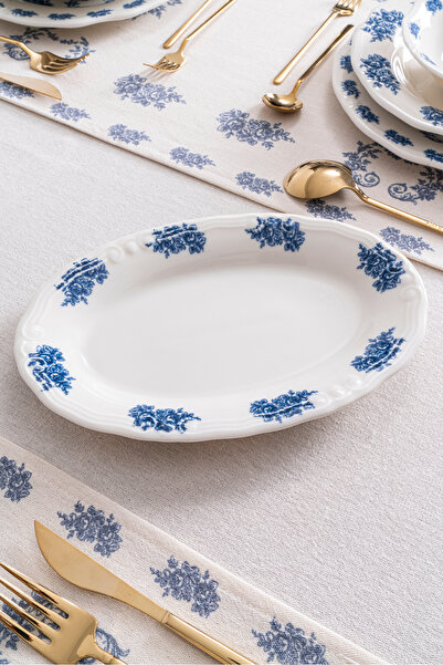 RUBİ PORSELEN Vintage Flowers Blue 2-Piece Boat Plate 26 cm – Floral Patterned Porcelain Presentation Plate