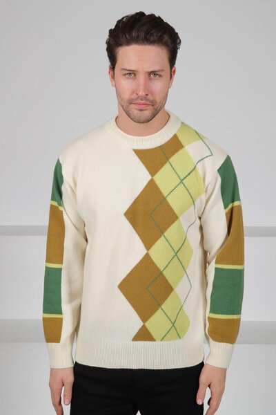 Ferraro Ecru/Green Crew Neck Diagonal Patterned 100% Lamb Wool Men's Knitwear Sweater
