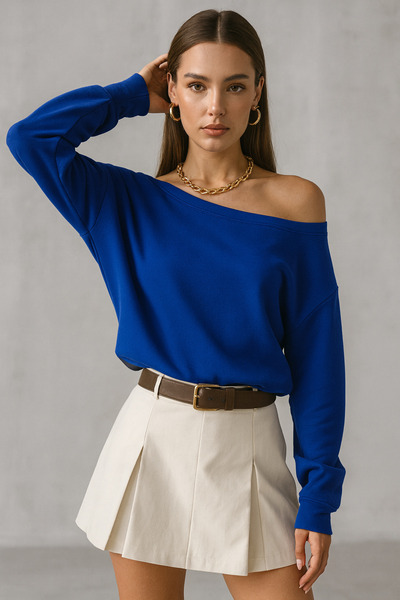 WILD BEE بلوزة نسائية أزرق بلون الكوبالت زرقاء اللون بدون أكتاف