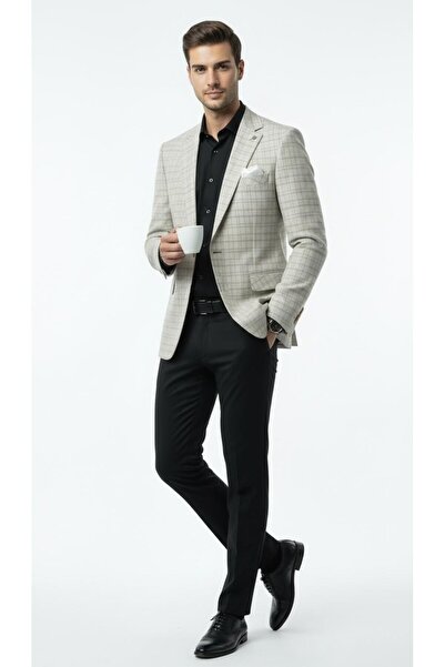 Plus Scorpion Men's Linen Plaid Blazer Jacket Mono Collar Single Button Double Slit