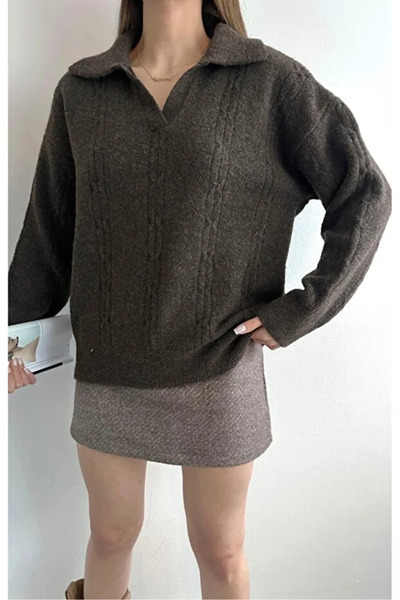 Coşkun GİYİM Women's Polo Neck Hair Knit Sweater Brown 2556